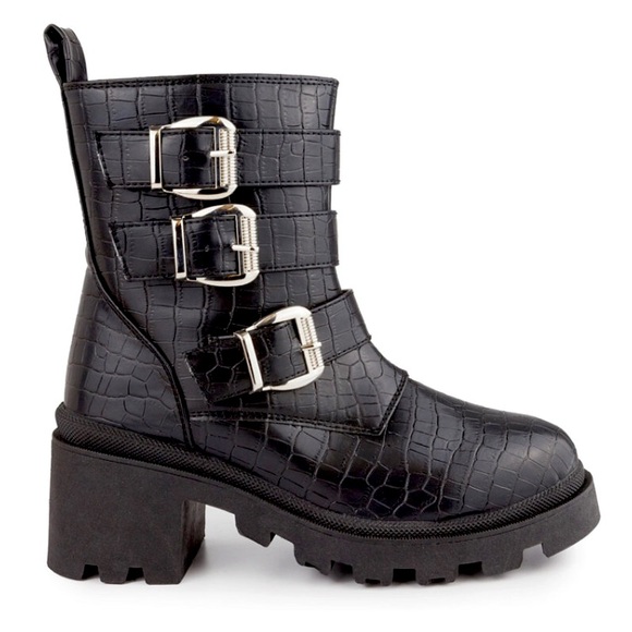 SUGAR FILO BUCKLED MOTO BOOTS *NEW *SIZE 8 *BLACK CROCODILE LUG COMBAT BOOTS - Picture 1 of 7